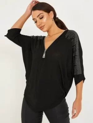 image of Quiz Light Knit Diamante Top, Black, Size S, Women