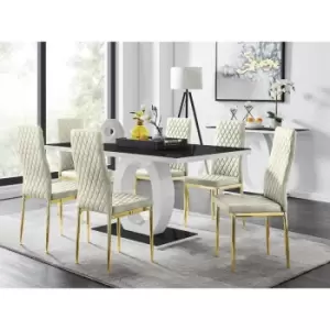 Image of Furniturebox UK - Furniturebox Giovani 6 Black Dining Table & 6 Cream Milan Velvet Dining Chairs With Gold Legs Diamond Stitch Modern Contemporary