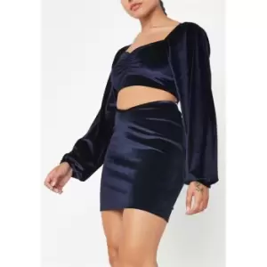 image of Missguided Petite Navy Velvet Puff Sleeve Crop Top and Skirt Co Ord Set - Blue