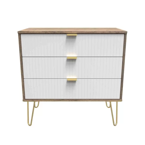 image of Welcome Furniture Ready Assembled Linear 3 Drawer Chest In White Matt & Vintage Oak