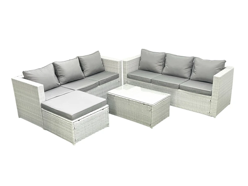 Image of Fimous Garden Outdoor PE Rattan Furniture Set 7 Seater Rattan Garden Sofa Set with Big Footstool Light Grey Mixed Light Grey