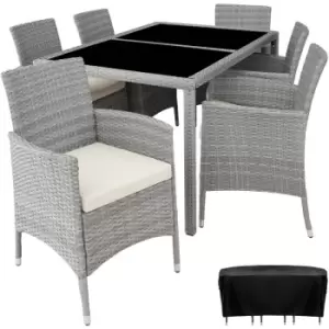 Image of Rattan garden furniture set 6+1 with protective cover - garden tables and chairs, garden furniture set, outdoor table and chairs - light grey/cream