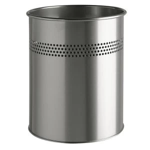 Image of Durable 15 Litre Metal Round Waste Basket with 30mm Decorative Perforated Ring Silver