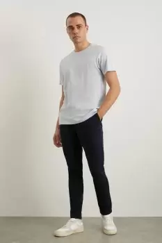 Image of Mens Navy Pleat Front Slim Fit Fine Twill Trousers