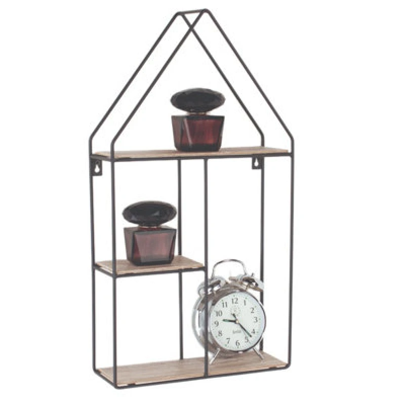 Image of Core Products Loft House Shape Display Wall Shelf - Black Metal And Wood Effect