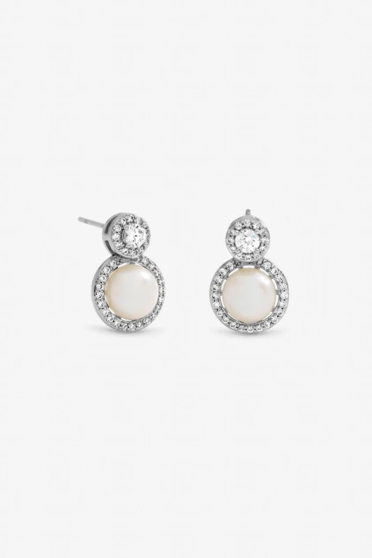 Image of Jon Richard Womens Rhodium Plated Pave & Fresh Water Halo Earrings in Silver Silver Female One Size