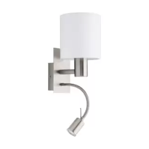 Image of Wall Light Colour Satin Nickel Shade White Fabric Bulb E27 LED 1x40W 1x3.5W