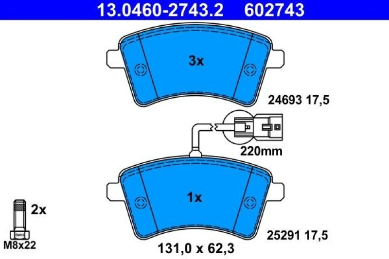 Image of ATE 13.0460-2743.2 Brake pad set with integrated wear warning contact, with brake caliper screws Brake Pad Set,disc brake (402)