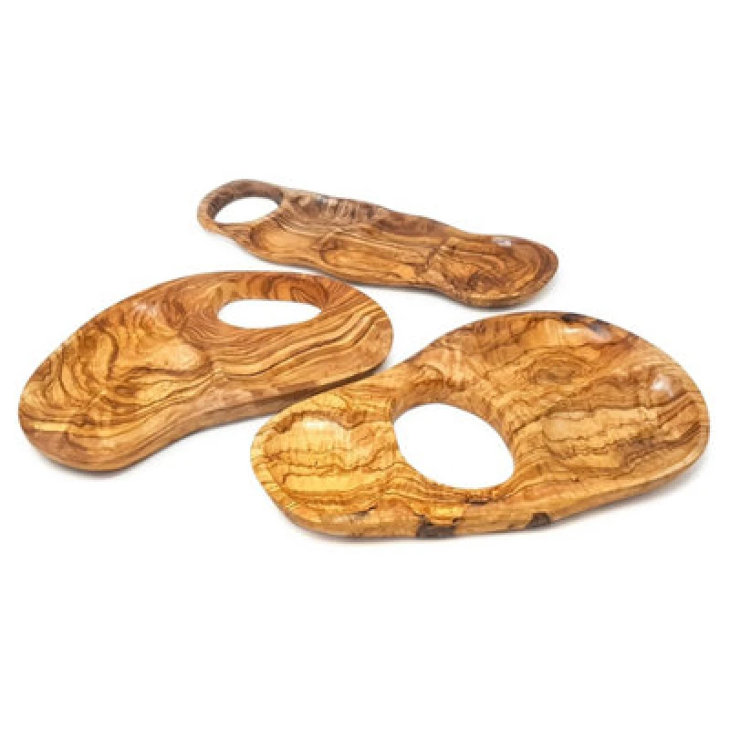 Image of Verano Spanish Ceramics Olive Wood Natural Grained Kitchen Dining 3 Sectioned Snack Dish w/ Inverted Handle (L) 30-35cm Natural unisex