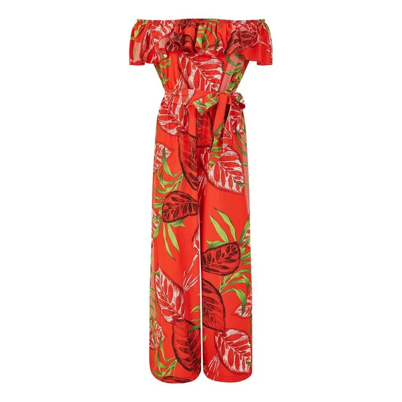 Image of Mela Red Tropical Leaf Print Bardot Jumpsuit Red