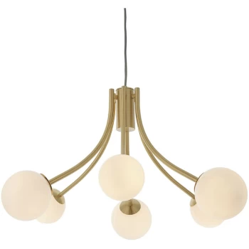Image of Endon Directory Lighting - Multi Arm Glass Pendant Light Satin Brass Plate, Opal Glass