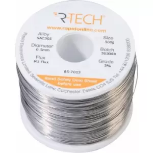 image of 857013 SAC305 Solder 3% M1 Flux 0.5-2% Halide 0.5mm 500g Reel - R-tech