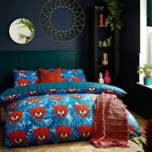 Image of Furn - Untamed Tiger Wildlife Print Reversible Duvet Cover Set, Blue, Double