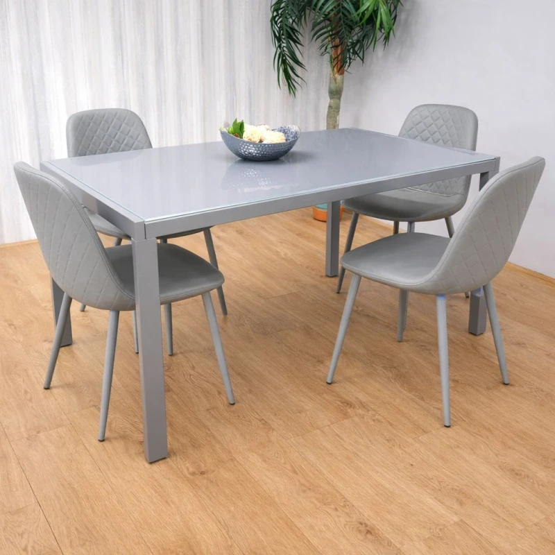 Image of KOSY KOALA Glass Dining table & 4 grey leather chairs Grey Glass Table & 4 Chairs kitchen dining room furniture in Brown Brown Unisex