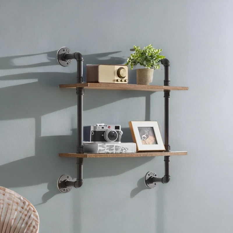 Image of Rafaelo Mobilia Industrial Pipe Wall-Mounted 2 Tier Floating Shelves in Dark Brown Dark Brown Unisex
