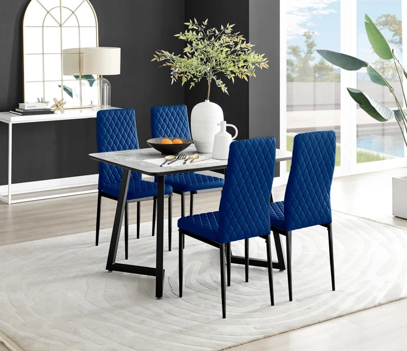 Image of FurnitureboxUK FurnitureboxUK Carson White Marble Effect Dining Table & 4 Velvet Milan Black Leg Chairs in Navy Navy One Size Unisex 5056657144920