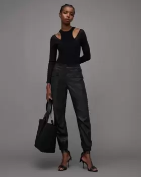 Image of AllSaints Val Coated Linen Blend Tapered Trousers