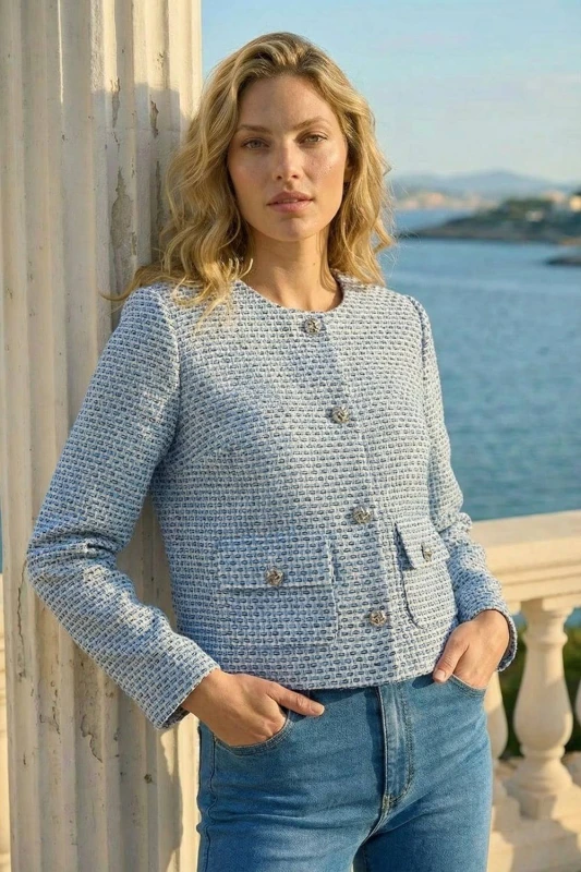 Image of Roman Womens Collarless Boucle Jacket in Blue Size: 14 Blue Female 14