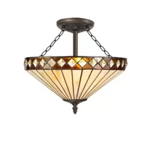 Image of 3 Light Semi Flush Ceiling E27 With 40cm Tiffany Shade, Amber, Crystal, Aged Antique Brass