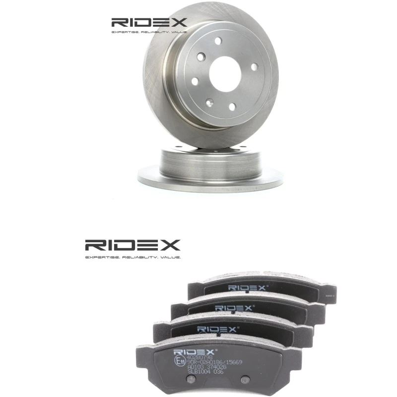 Image of RIDEX 3405B3402 Brake disc and pads set Rear Axle, Brake Disc Type: Solid, not prepared for wear warning indicator Brake Set,disc brakes (3405)
