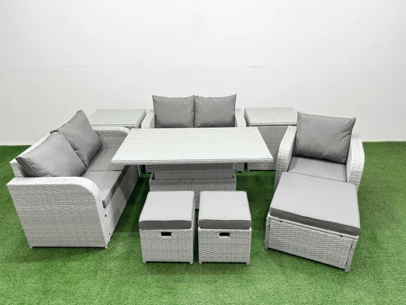 Image of Fimous High Back Poly Rattan Garden Furniture Set with Adjustable Lifting Dining or Coffee Table Indoor Outdoor Patio Set 3 Stools 2 Side Table