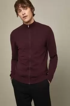 Image of Mens Cotton Rich Burgundy Knitted Zip Through Jumper