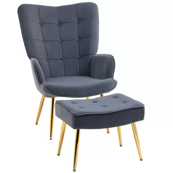 Image of HOMCOM Upholstered Armchair w/ Footstool Set, Modern Button Tufted Accent Chair w/ Gold Tone Steel Legs, Wingback Chair for Living Room, Dark Grey