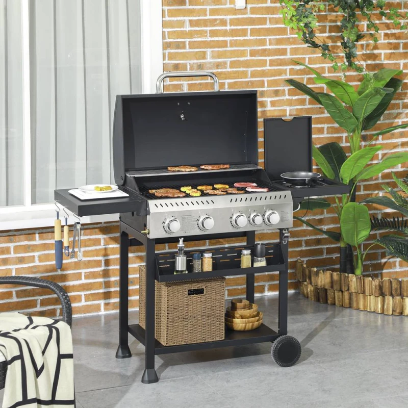 Image of OUTSUNNY Gas Burner Grill, Propane Gas Barbecue BBQ Grill with Wheels, Warming Rack, Shelves, Thermometer, Bottle Opener, Black Unisex