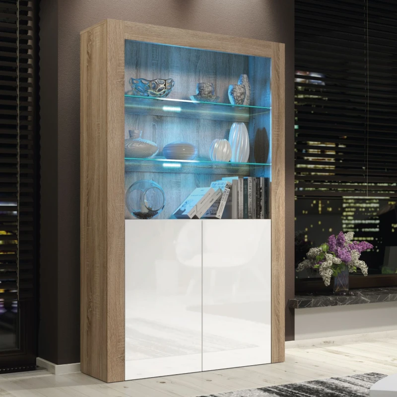 Image of Mex Furniture LTD Display Cabinet with LED Lights & Gloss Doors / 170cm Light Oak