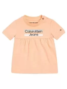 Image of Calvin Klein Jeans Baby Hero Logo Short Sleeve Dress - Fresh Cantaloupe, Light Orange, Size 12-18 Months