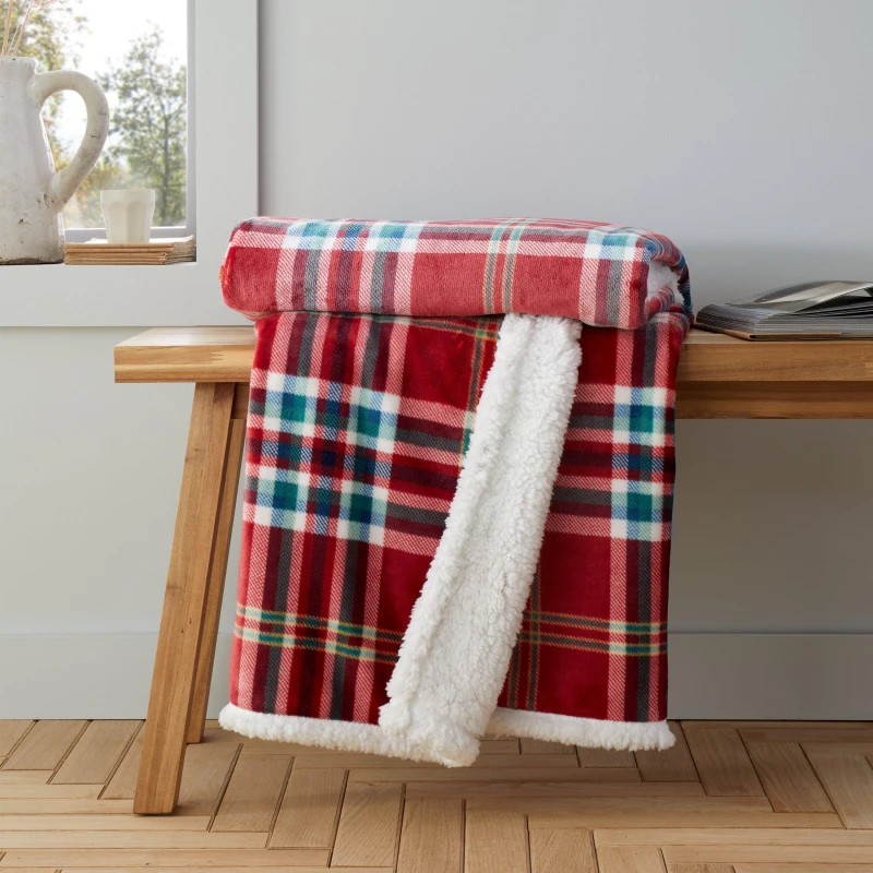 Image of Catherine Lansfield Cosy Kelso Check Blanket Throw - Red Red One Size