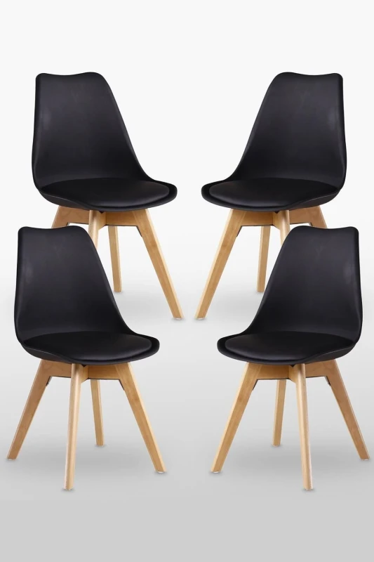 Image of Life Interiors Life Interiors Set of 4 Scandinavian Dining Chairs Leather Cushions Solid Wood Legs in Black One Size Unisex 5060385917732