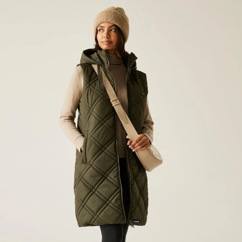 Image of Womens long hooded sleeveless puffer jacket Regatta Rurietta Vert Female 44