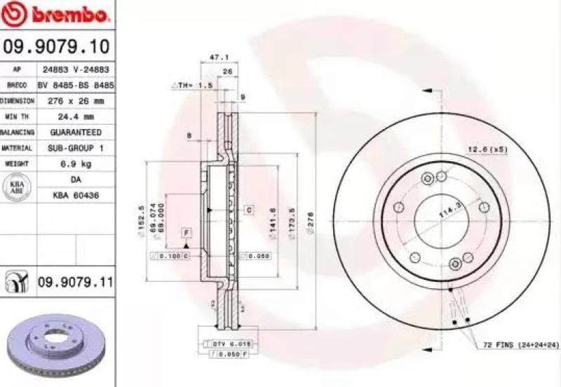 Image of BREMBO 09.9079.11 Brake disc internally vented, Coated Brake Disc (82)