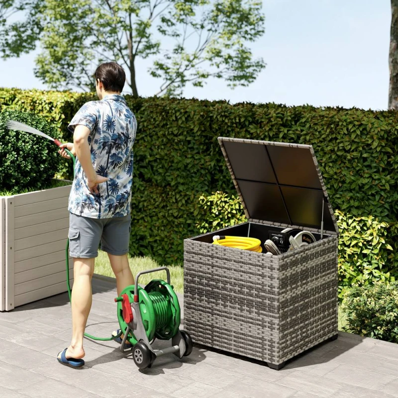 Image of OUTSUNNY 253L Garden Storage Box, Rattan Deck Box with Liner, Mixed Grey Size: 70cm x 70cm Grey Unisex 70cm x 70 cm