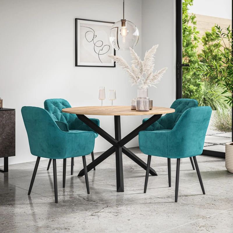 Image of More4Homes Malvern Round Dining Table And Chairs - Oak Table Top W Solid Black Oak Legs + Anika Velvet Dining Chair Set Of 4 (Blue)