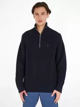 Image of Tommy Hilfiger Structure Quarter Zip Mock Neck Knitted Jumper, Navy, Size L, Men