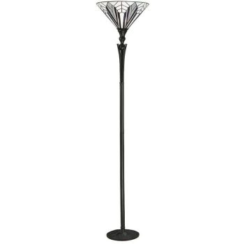 image of Interiors Astoria - 1 Light Floor Lamp Uplighter Black, Tiffany Style Glass, E27