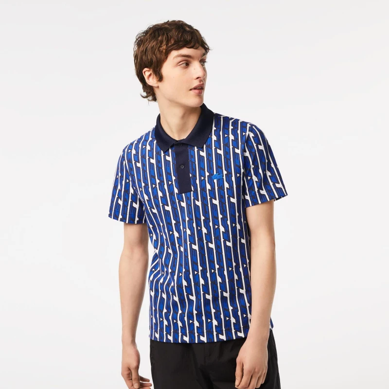 Image of Lacoste Mens Printed Short-Sleeve Polo Shirt White/Kingdom male XS
