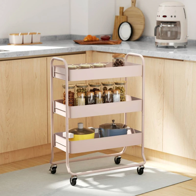 Image of HOMCOM 3-Tier Storage Trolley, Storage Cart with Mesh Backets, Wheels in Pink Pink Unisex