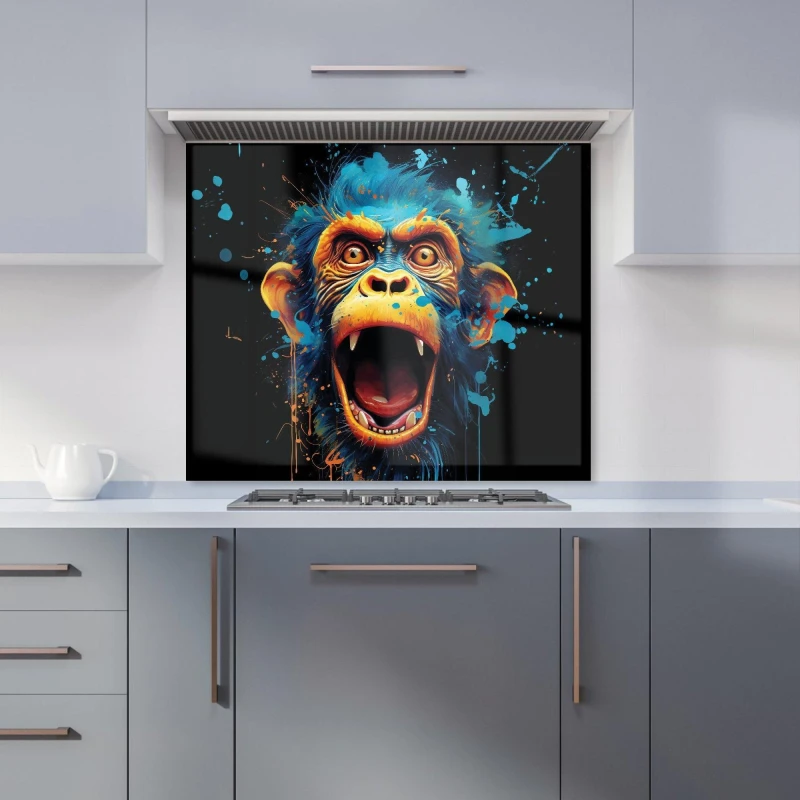 Image of Warren Reed - Designer Crazy Monkey face Splashart Kitchen Splashback in Blue Size: 600mm x 750mm Blue Unisex 600mm x 750mm