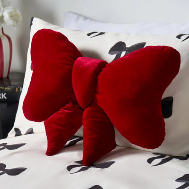 Image of OHS OHS Velvet Bow Shaped Novelty Decorative Scatter Cushion Plush Pillow in Red Red One Size Unisex 5027434226870