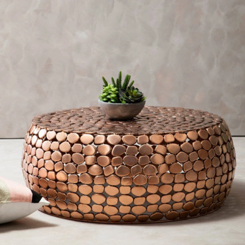 Image of Orsina Iron Pebble Coffee Table, Modern Coffee Table, Industrial Coffee Table, Contemporary Drum Coffee Table