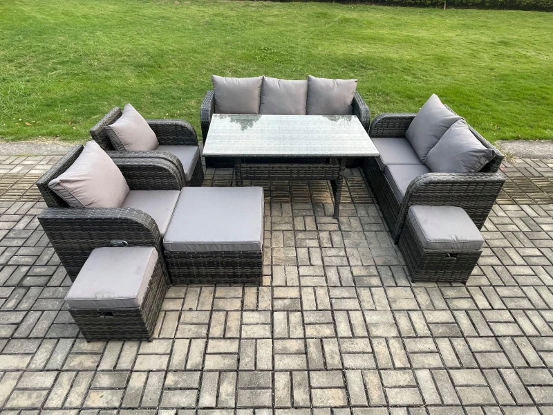 Image of Fimous Dark Grey PE Wicker Rattan Garden Furniture Set Reclining Chair Love Sofa 2 Seater Sofa Set Outdoor Rectangular Dining Table 3 Footstools Dark