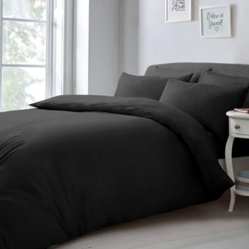 Image of Velosso Elegant Microfibre Duvet Cover & Pillowcase Set, Contemporary Style Bed Linen, Button Enclosure - Black