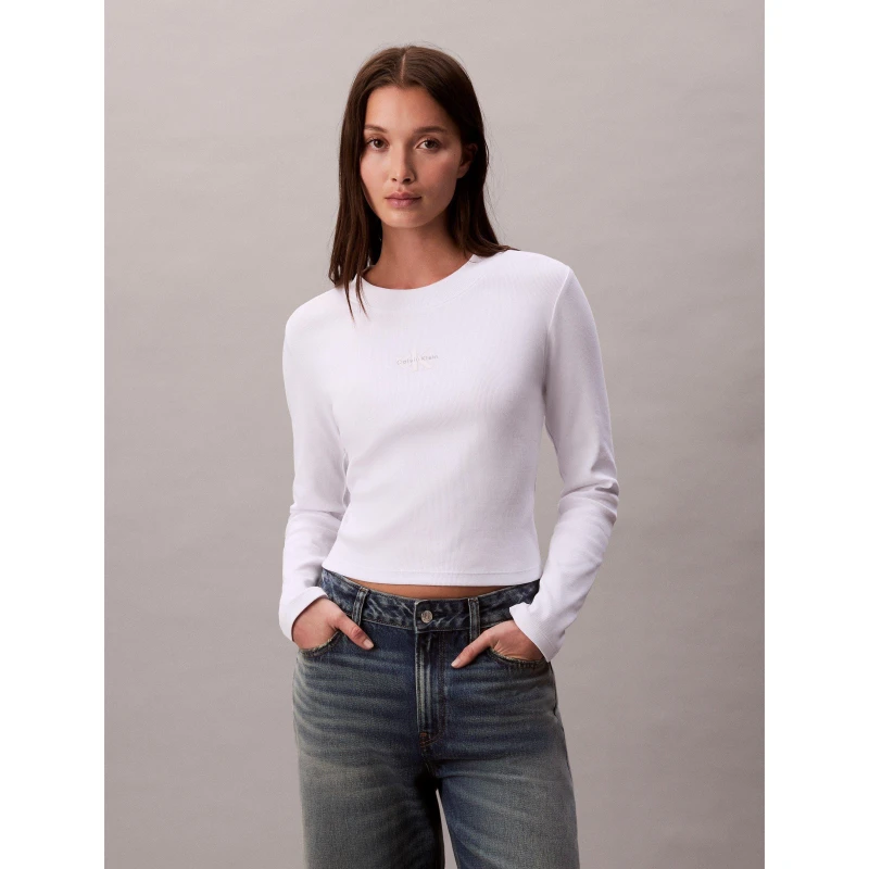 Image of Calvin Klein Jeans Womens Long-Sleeve Crop Top Brilliant White female 8 (XS)