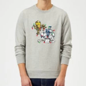 Image of Star Wars Tangled Fairy Lights Droids Grey Christmas Sweatshirt - L - Grey