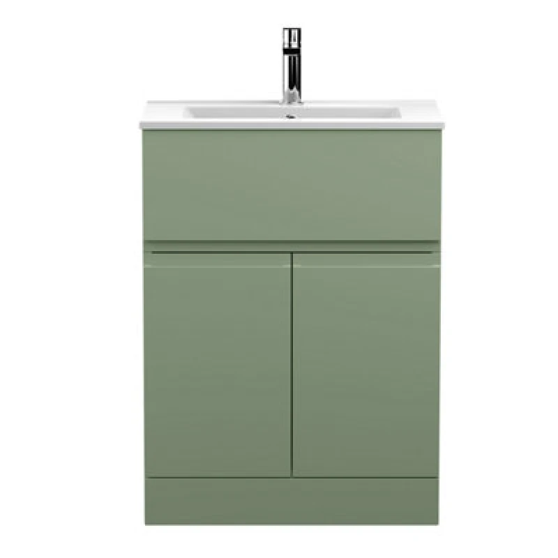 Image of Hudson Reed Urban Floor Standing 2 Door 1 Drawer Vanity Unit With Minimalist Basin, Modern Vanity Unit In Satin Green, 600mm