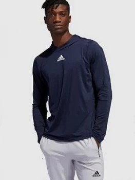 Image of Adidas 3 Stripe Long Sleeve Hooded T-Shirt - Navy, Size L, Men