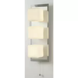 Image of Cube wall light IP44 with pull switch 3 bulbs polished chrome & aluminium/opal glass